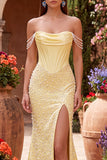 Off the Shoulder Yellow Mermaid Satin Pearls Beaded Cowl Corset Prom Dress with Slit