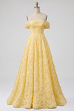 Off the Shoulder A-Line Strapless Floral Embroidery Pearl Tulle Yellow Prom Dress