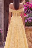 Off the Shoulder A-Line Strapless Floral Embroidery Pearl Tulle Yellow Prom Dress