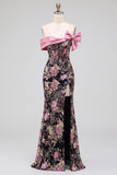 Black Pink Flower Corset Off the Shoulder Sequins Mermaid Long Prom Dress with Bow