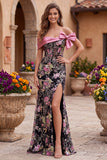Black Pink Flower Corset Off the Shoulder Sequins Mermaid Long Prom Dress with Bow