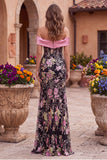 Black Pink Flower Corset Off the Shoulder Sequins Mermaid Long Prom Dress with Bow
