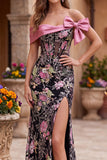 Black Pink Flower Corset Off the Shoulder Sequins Mermaid Long Prom Dress with Bow