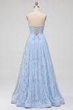 Blue A-Line Floral Beaded Strapless Long Prom Dress with Slit