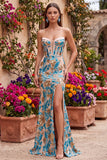 Blue Floral Sequins Corset Mermaid Strapless Long Prom Dress with Slit