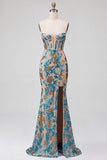 Blue Floral Sequins Corset Mermaid Strapless Long Prom Dress with Slit