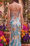 Blue Floral Sequins Corset Mermaid Strapless Long Prom Dress with Slit