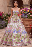 Pink Flower Embroidery Strapless A-Line Long Prom Dress