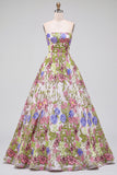 Pink Flower Embroidery Strapless A-Line Long Prom Dress