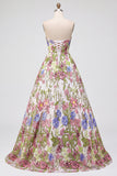 Pink Flower Embroidery Strapless A-Line Long Prom Dress