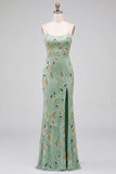 Green Beaded Sheath Spaghetti Straps Long Prom Dress with Lace Up Back
