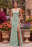 Green Beaded Sheath Spaghetti Straps Long Prom Dress with Lace Up Back
