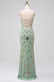 Green Beaded Sheath Spaghetti Straps Long Prom Dress with Lace Up Back