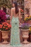 Green Beaded Sheath Spaghetti Straps Long Prom Dress with Lace Up Back