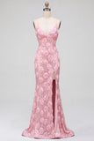 Pink Sequins Mermaid 3D Floral Appliques Spaghetti Straps Long Prom Dress with Slit