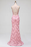 Pink Sequins Mermaid 3D Floral Appliques Spaghetti Straps Long Prom Dress with Slit