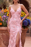 Pink Sequins Mermaid 3D Floral Appliques Spaghetti Straps Long Prom Dress with Slit