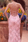 Pink Sequins Mermaid 3D Floral Appliques Spaghetti Straps Long Prom Dress with Slit