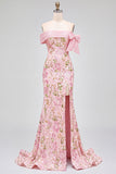 Off the Shoulder Mermaid Floral Embroidery Pink Prom Dress with Side Slit