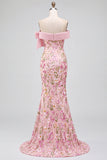 Off the Shoulder Mermaid Floral Embroidery Pink Prom Dress with Side Slit