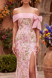 Off the Shoulder Mermaid Floral Embroidery Pink Prom Dress with Side Slit