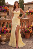 Yellow Cowl Neck Mermaid Floral Embroidery Spaghetti Straps Long Prom Dress with Slit