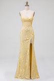 Yellow Cowl Neck Mermaid Floral Embroidery Spaghetti Straps Long Prom Dress with Slit