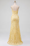 Yellow Cowl Neck Mermaid Floral Embroidery Spaghetti Straps Long Prom Dress with Slit