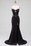Satin Black Mermaid Cut Out Corset Beaded Strapless Maxi Dress with Side Slit