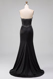 Satin Black Mermaid Cut Out Corset Beaded Strapless Maxi Dress with Side Slit