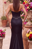 Satin Black Mermaid Cut Out Corset Beaded Strapless Maxi Dress with Side Slit
