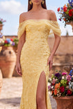Yellow Mermaid Off the Shoulder Sequins Prom Dress with Slit