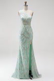 Green Mermaid One Shoulder Beaded Sequins Long Prom Dress with Slit