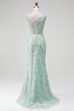 Green Mermaid One Shoulder Beaded Sequins Long Prom Dress with Slit