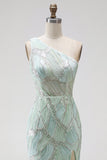 Green Mermaid One Shoulder Beaded Sequins Long Prom Dress with Slit