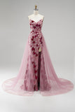 Pink Sequins Mermaid Strapless Detachable Tulle Draped Long Prom Dress with Slit
