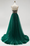 Dark Green Mermaid Sequins Strapless Beaded Long Pageant Dress with Detachable Tulle Draping