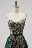 Dark Green Mermaid Sequins Strapless Beaded Long Pageant Dress with Detachable Tulle Draping