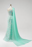 Green One Shoulder Mermaid Sequins Beaded 3D Flower Tulle Draped Long Pageant Dress with Slit