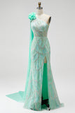 Green One Shoulder Mermaid Sequins Beaded 3D Flower Tulle Draped Long Pageant Dress with Slit