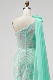 Green One Shoulder Mermaid Sequins Beaded 3D Flower Tulle Draped Long Pageant Dress with Slit