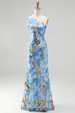 Sparkly One Shoulder Sequins Mermaid Beaded Blue Long Prom Dress
