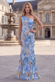 Sparkly One Shoulder Sequins Mermaid Beaded Blue Long Prom Dress