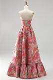 Red Floral Jacquard A-Line Ruffled Hem Strapless Long Prom Dress with Slit