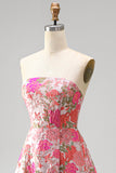 Red Floral Jacquard A-Line Ruffled Hem Strapless Long Prom Dress with Slit