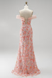 Pink Off the Shoulder Mermaid Appliques Sequins Long Prom Dress with Beading