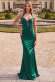 Dark Green Halter Satin Mermaid Long Prom Dress with Beading