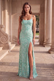 Mint Green Floral Embroidery Spaghetti Straps Sheath Long Ball Dress with Slit