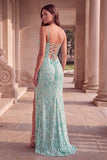 Mint Green Floral Embroidery Spaghetti Straps Sheath Long Ball Dress with Slit
