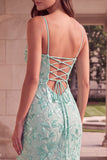 Mint Green Floral Embroidery Spaghetti Straps Sheath Long Ball Dress with Slit